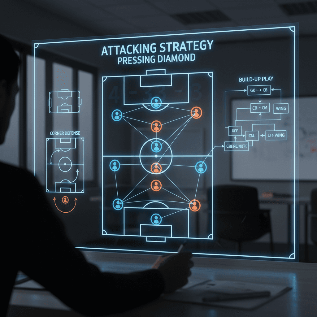 football tactical analysis board with player formations and strategy diagrams, coach perspective
