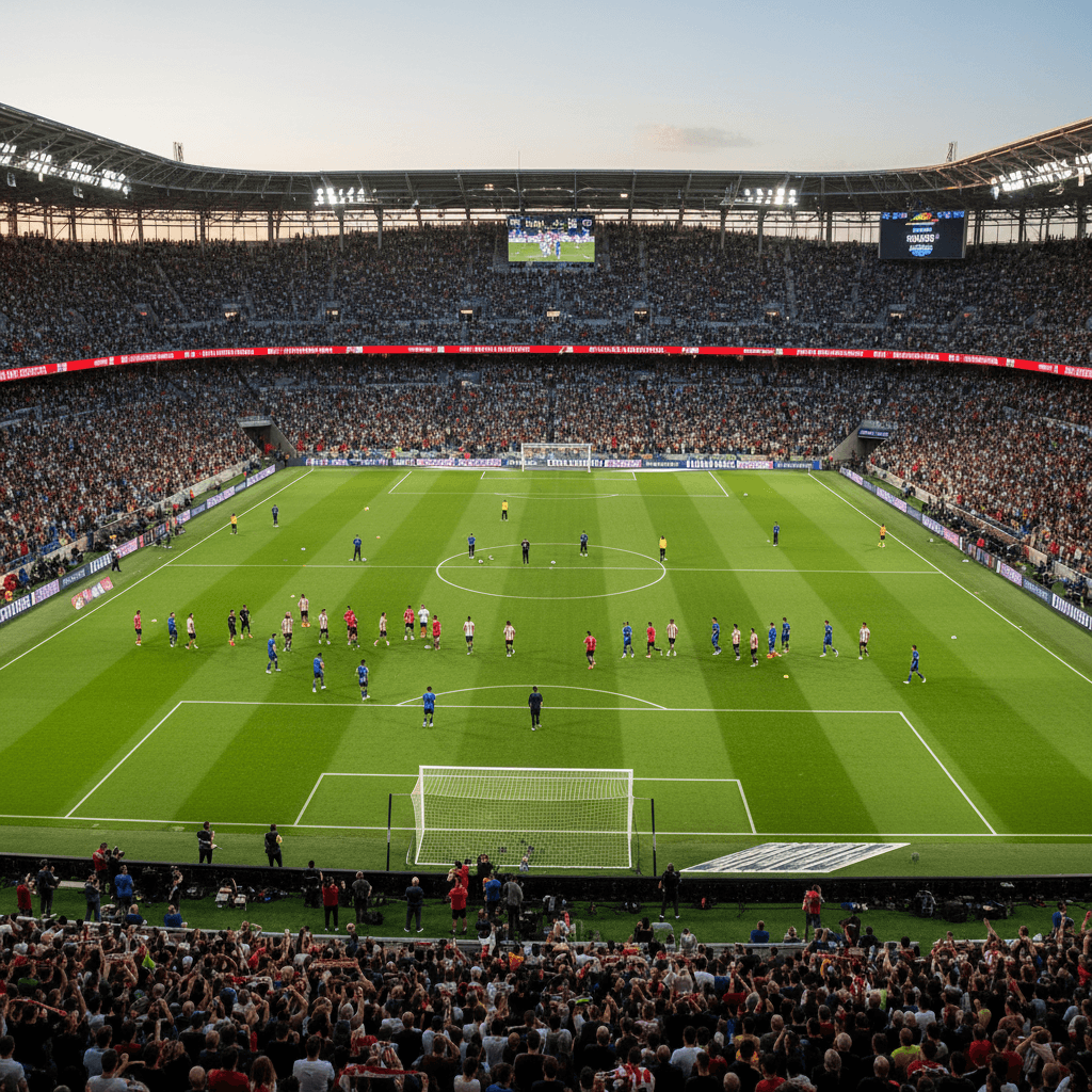 ملعب كرة قدم مليء بالجماهير قبل المباراة
