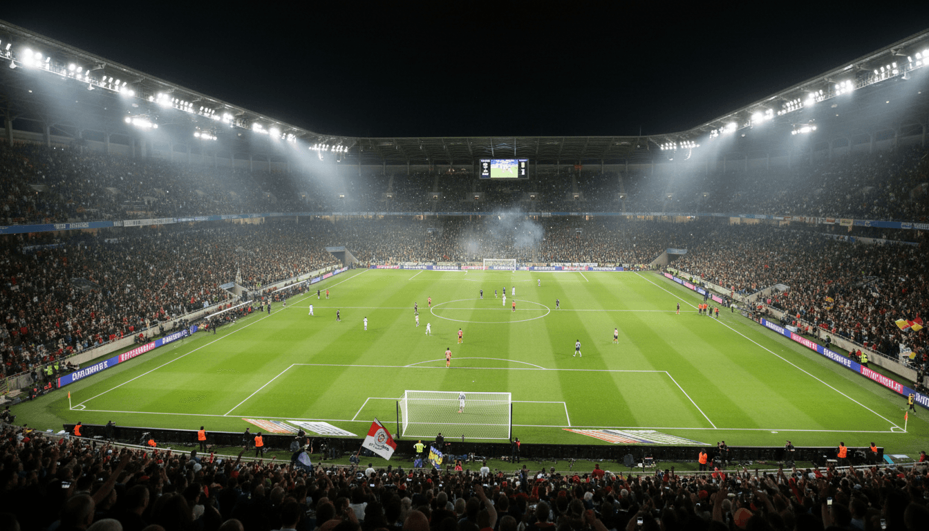 ملعب احترافي مضاء بأضواء قوية وجماهير حاشدة أثناء مباراة مباشرة