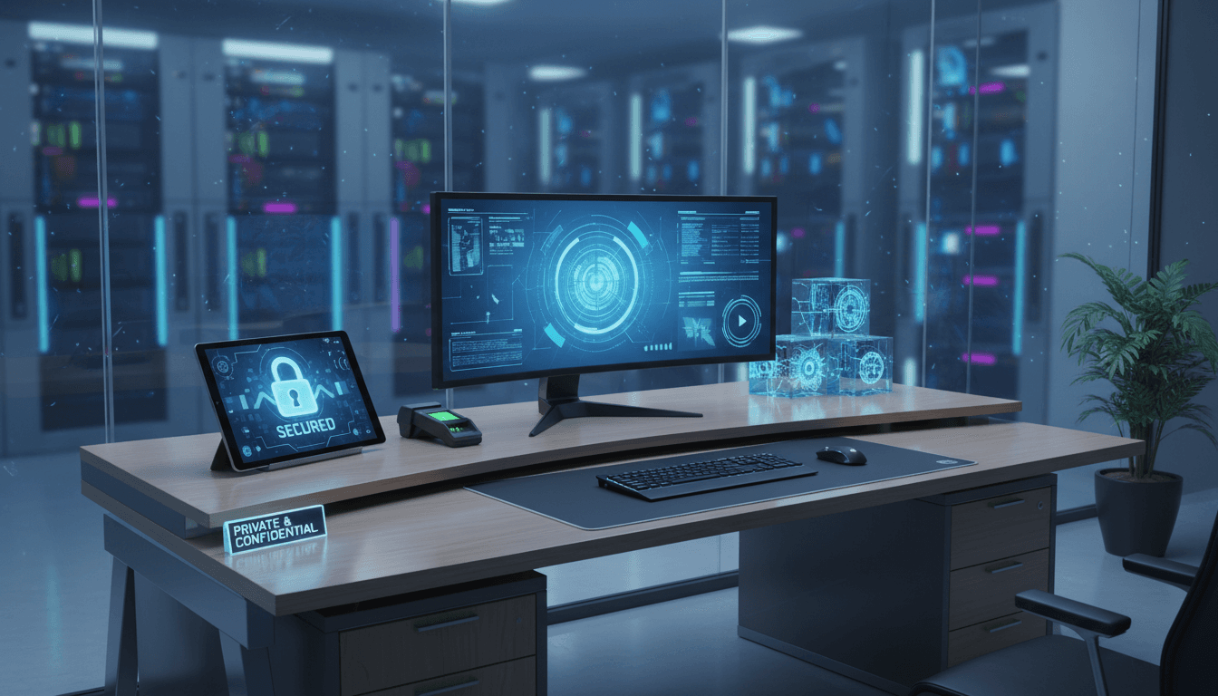 مكتب حديث مع كمبيوتر وبيانات شخصية في بيئة آمنة