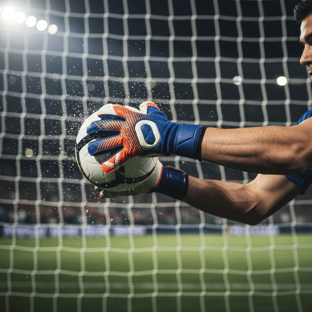 Goalkeeper making dramatic diving save with hands reaching for soccer ball during match